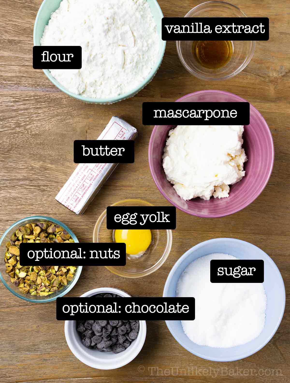Ingredients for mascarpone cheese cookies.