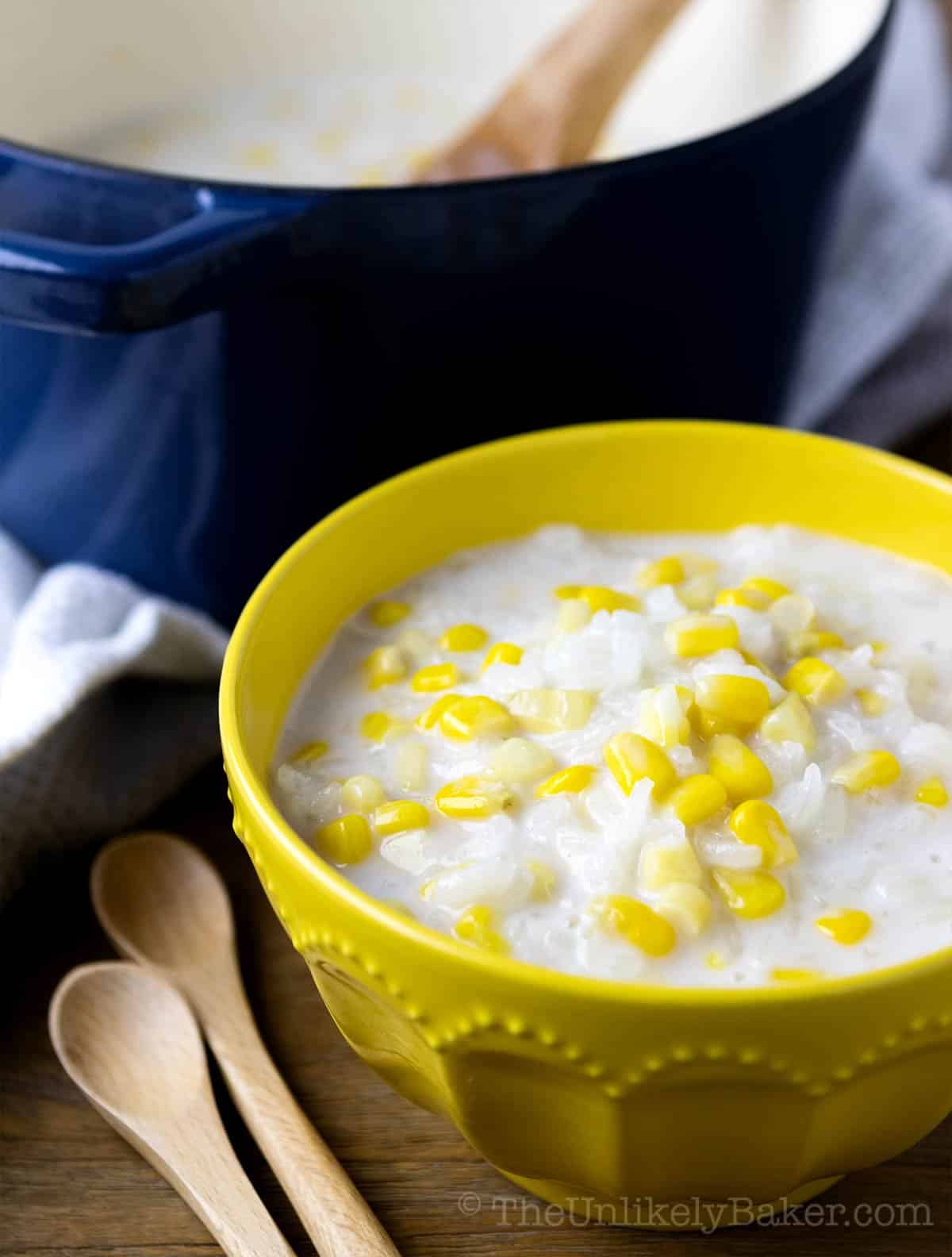 Ginataang mais in a yellow bowl.