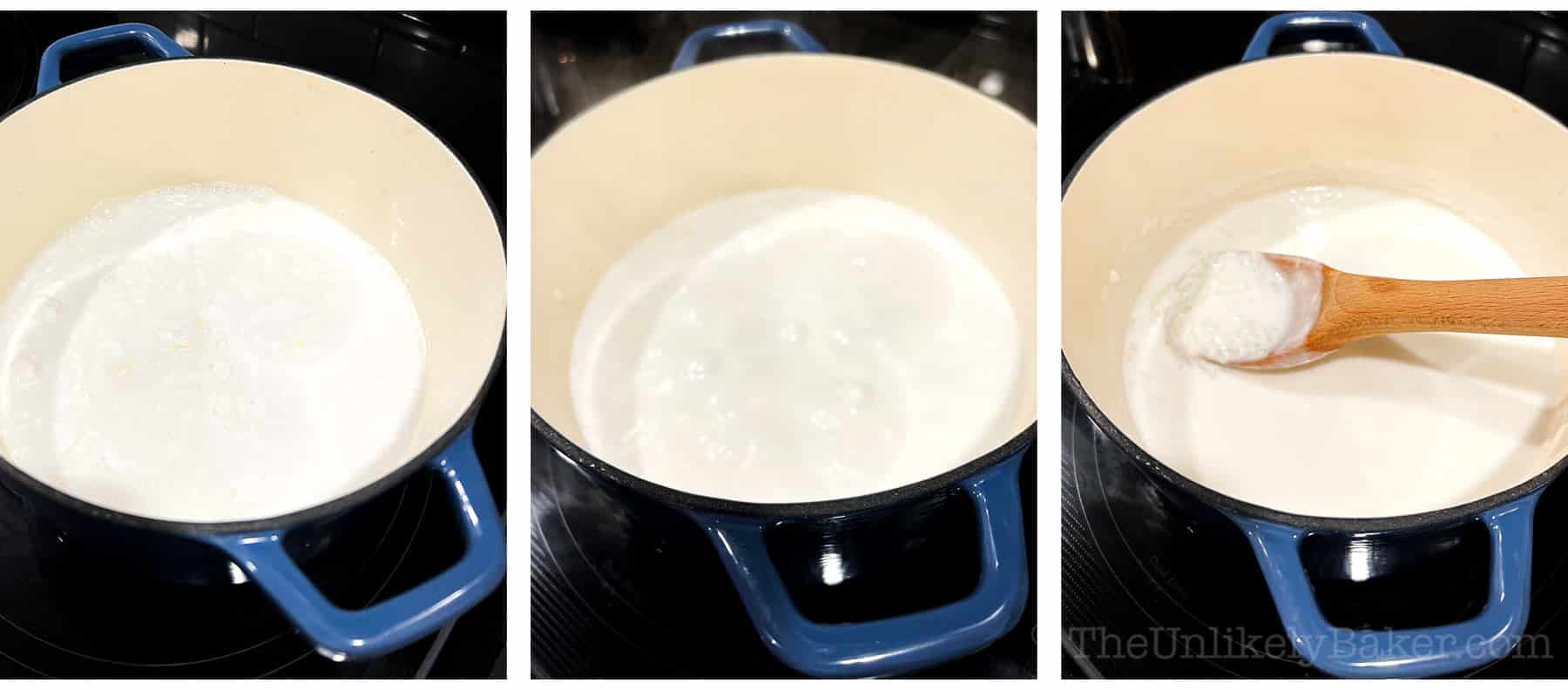 Photo collage - rice pudding mixture in a blue pot.