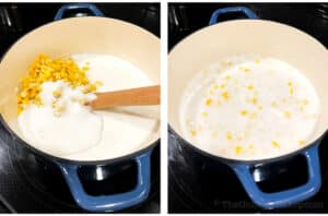 Photo collage - corn and sugar added to mixture.