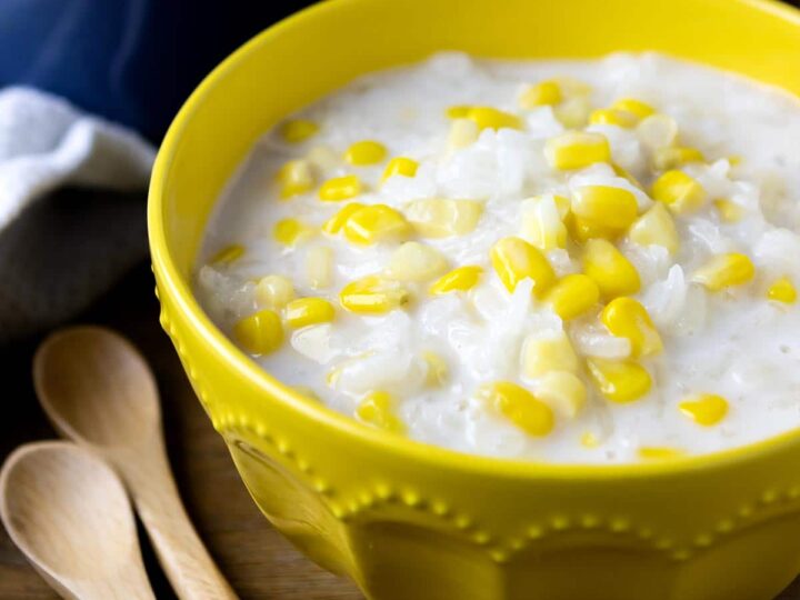 Ginataang mais in a yellow bowl.