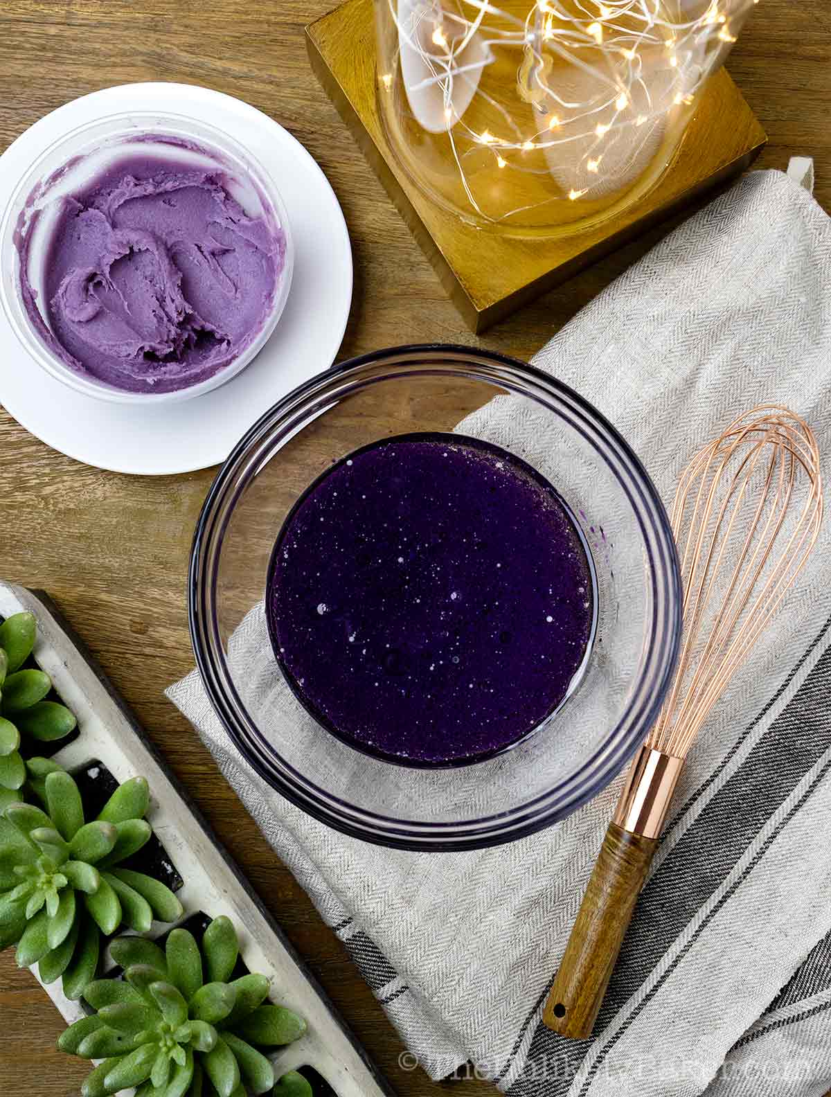 Ube extract mixture in a bowl.