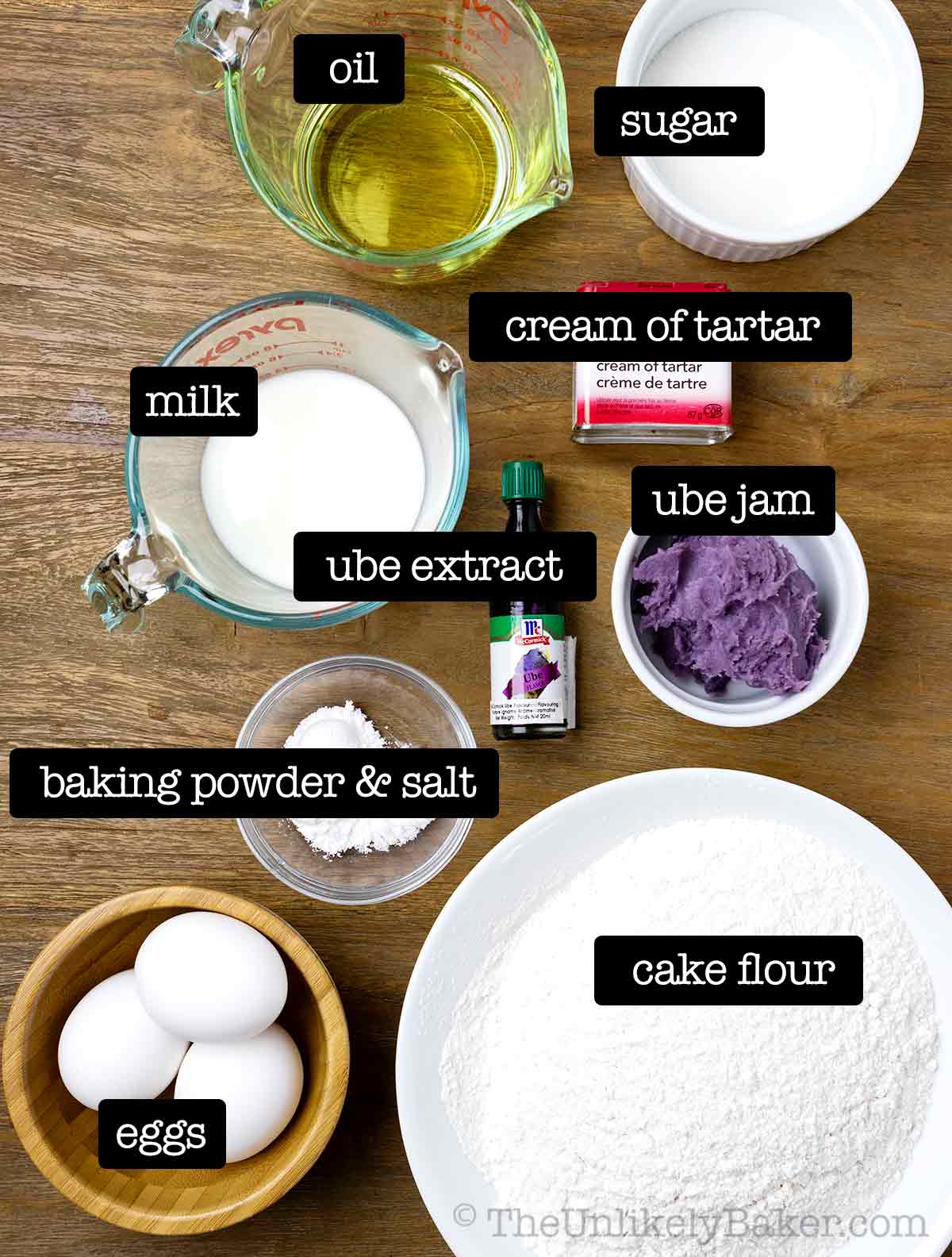 Ingredients for ube cake.