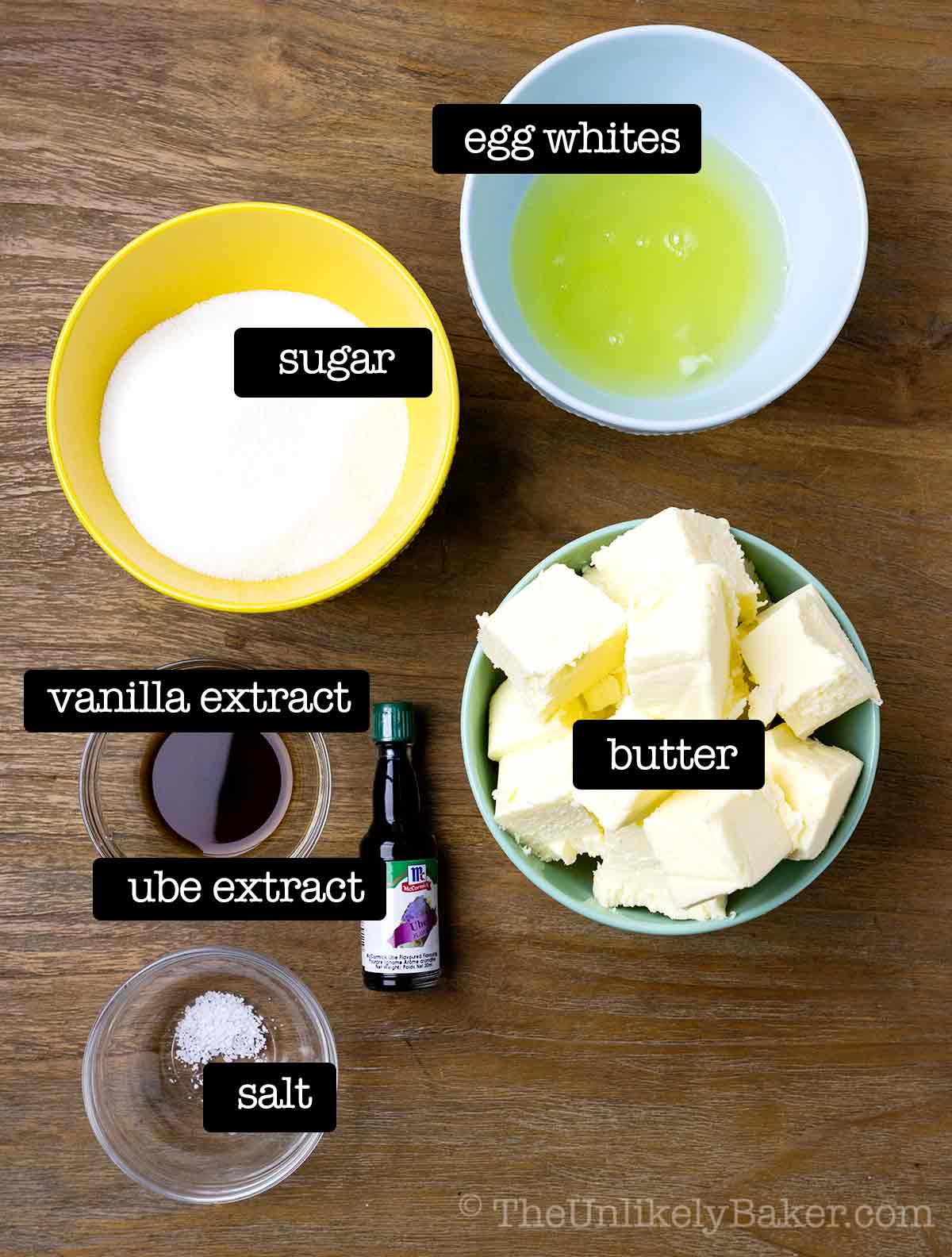 Ingredients for ube Swiss meringue buttercream.