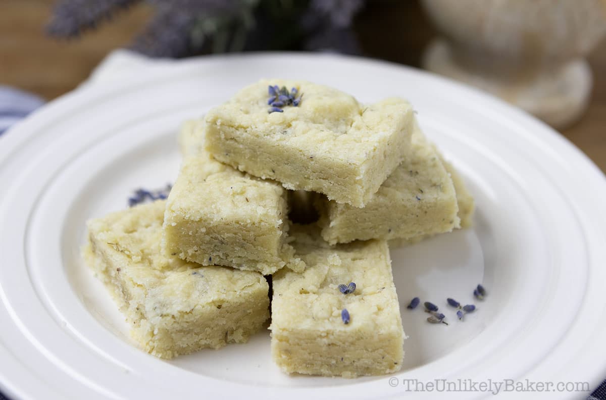 Shortbread lavender cookies on a plate.