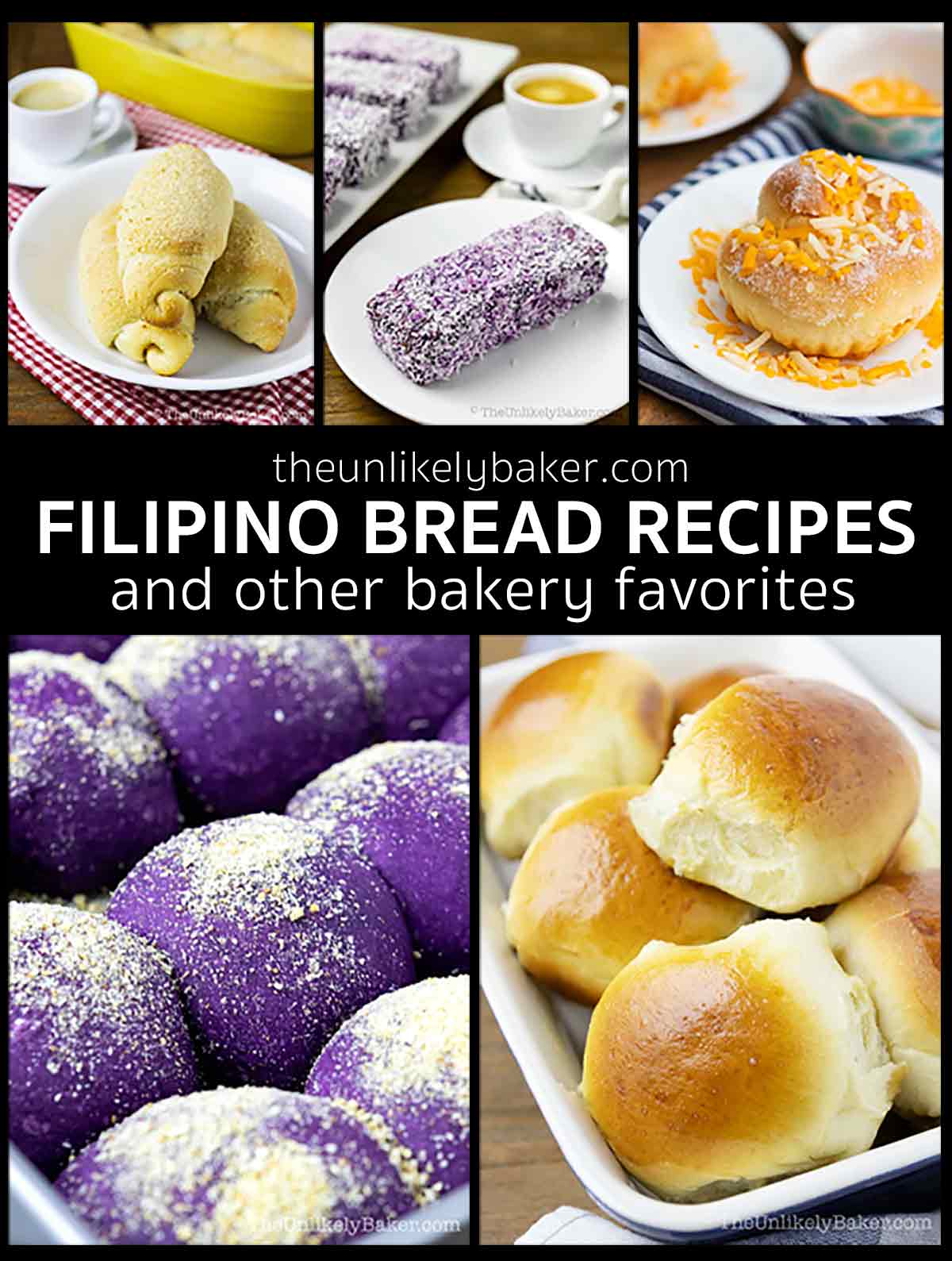 Photo collage with text overlay - collection of Filipino bread recipes.