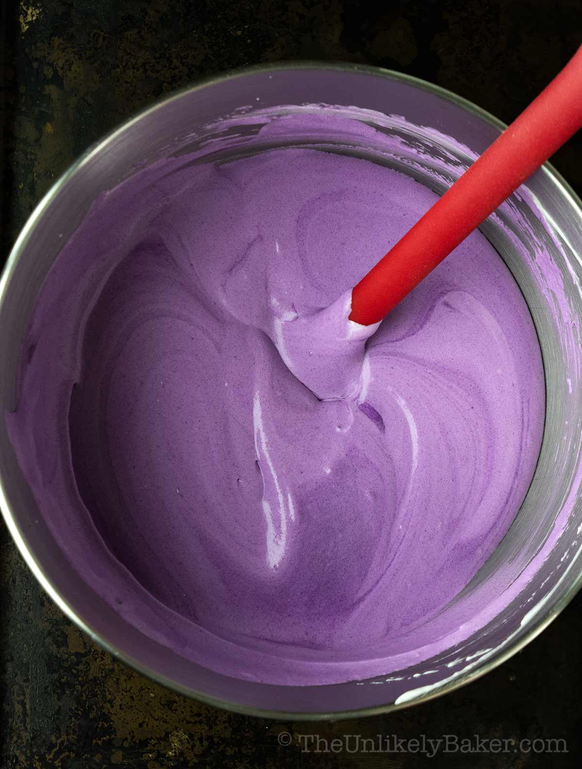 Purple yam ice cream mixture in a bowl.