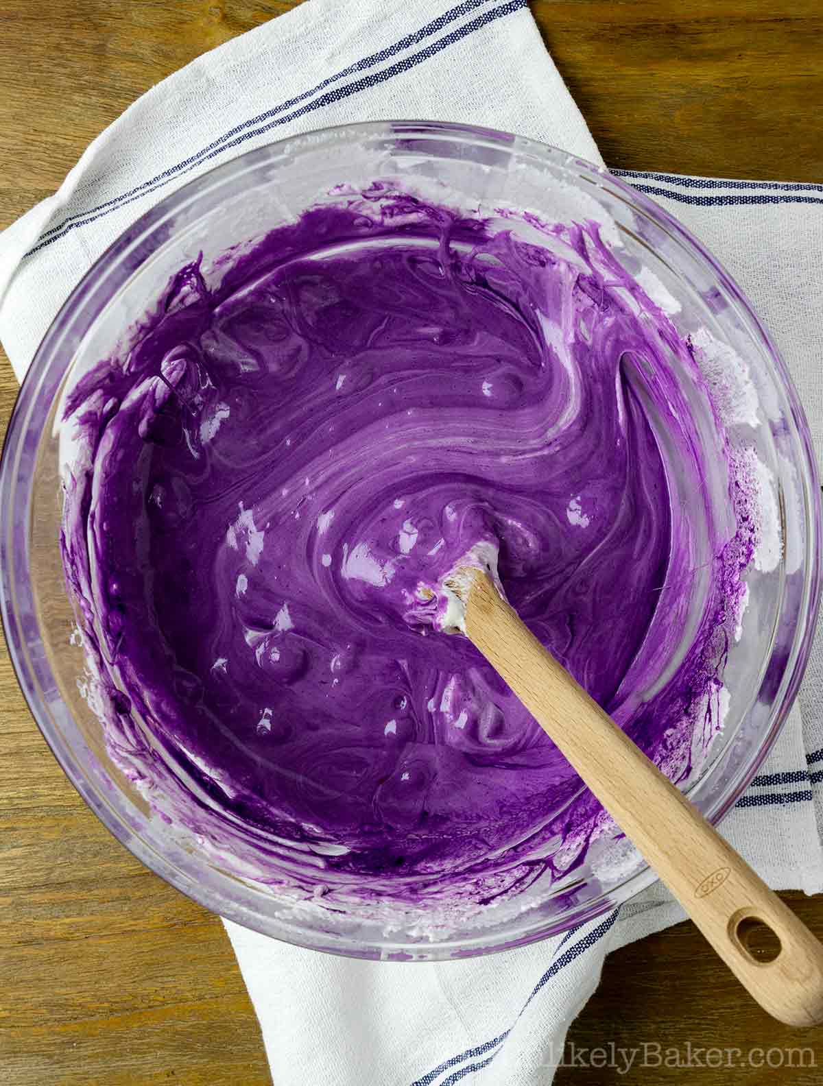 Ube marshmallow mixture in a bowl.