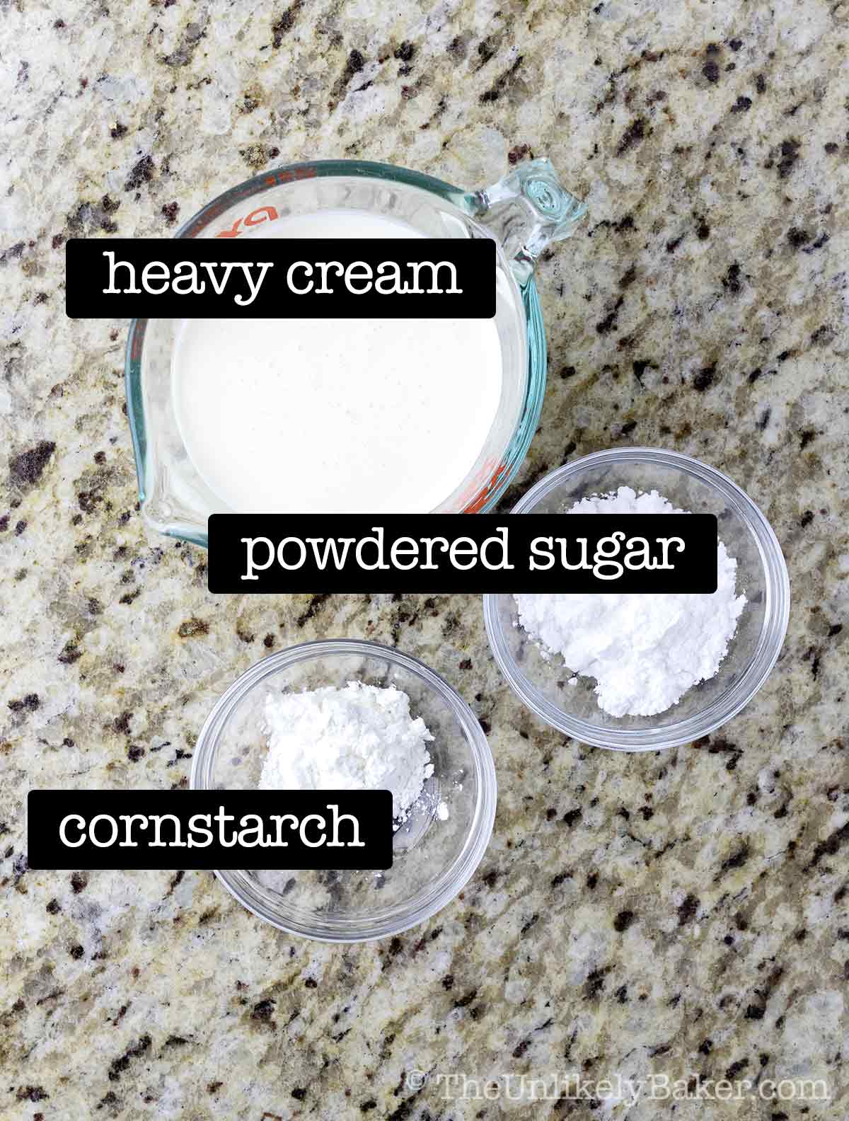 Ingredients for stabilized whipped cream with text overlay.