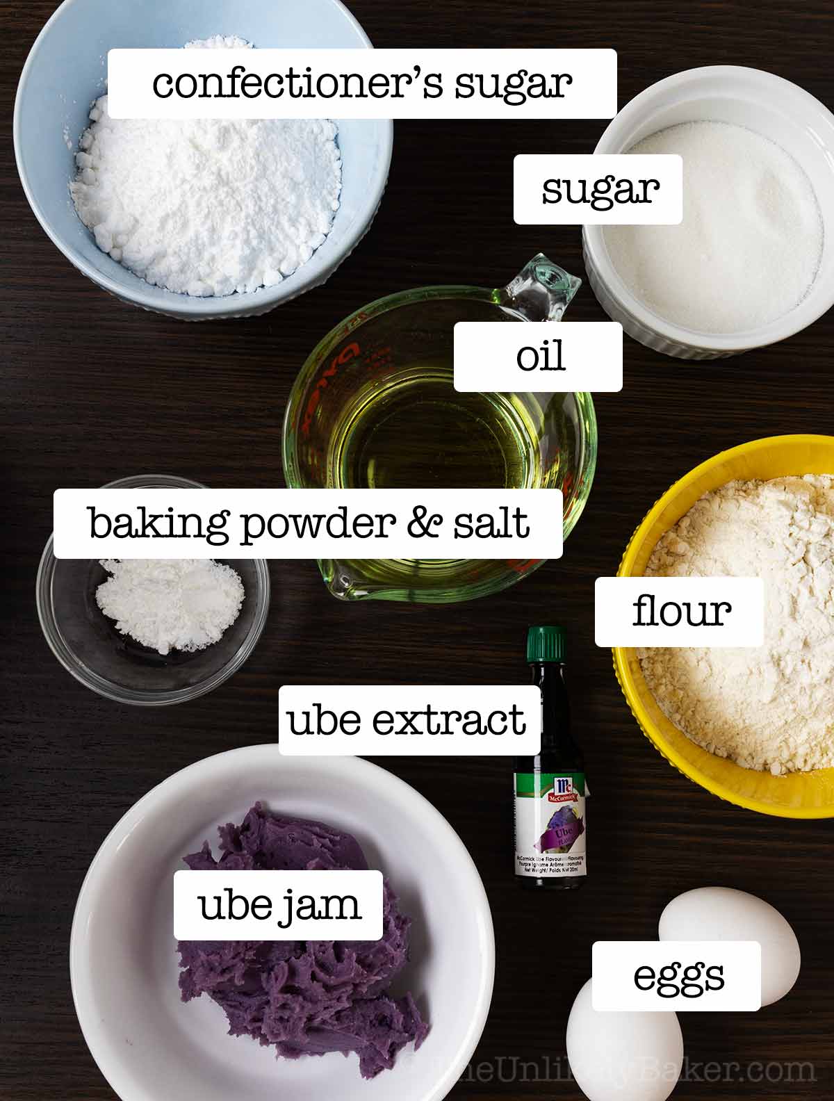 Ube crinkle ingredients with text overlay.
