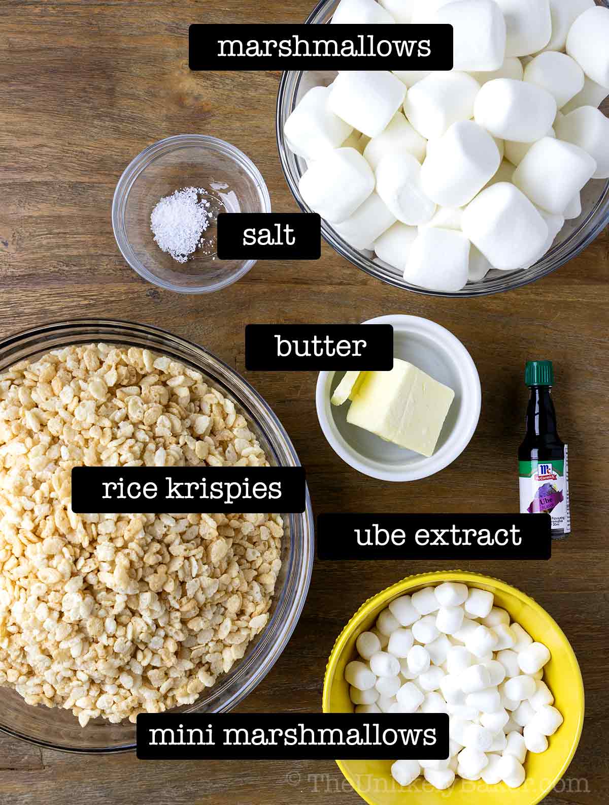 Ingredients for ube rice krispies.