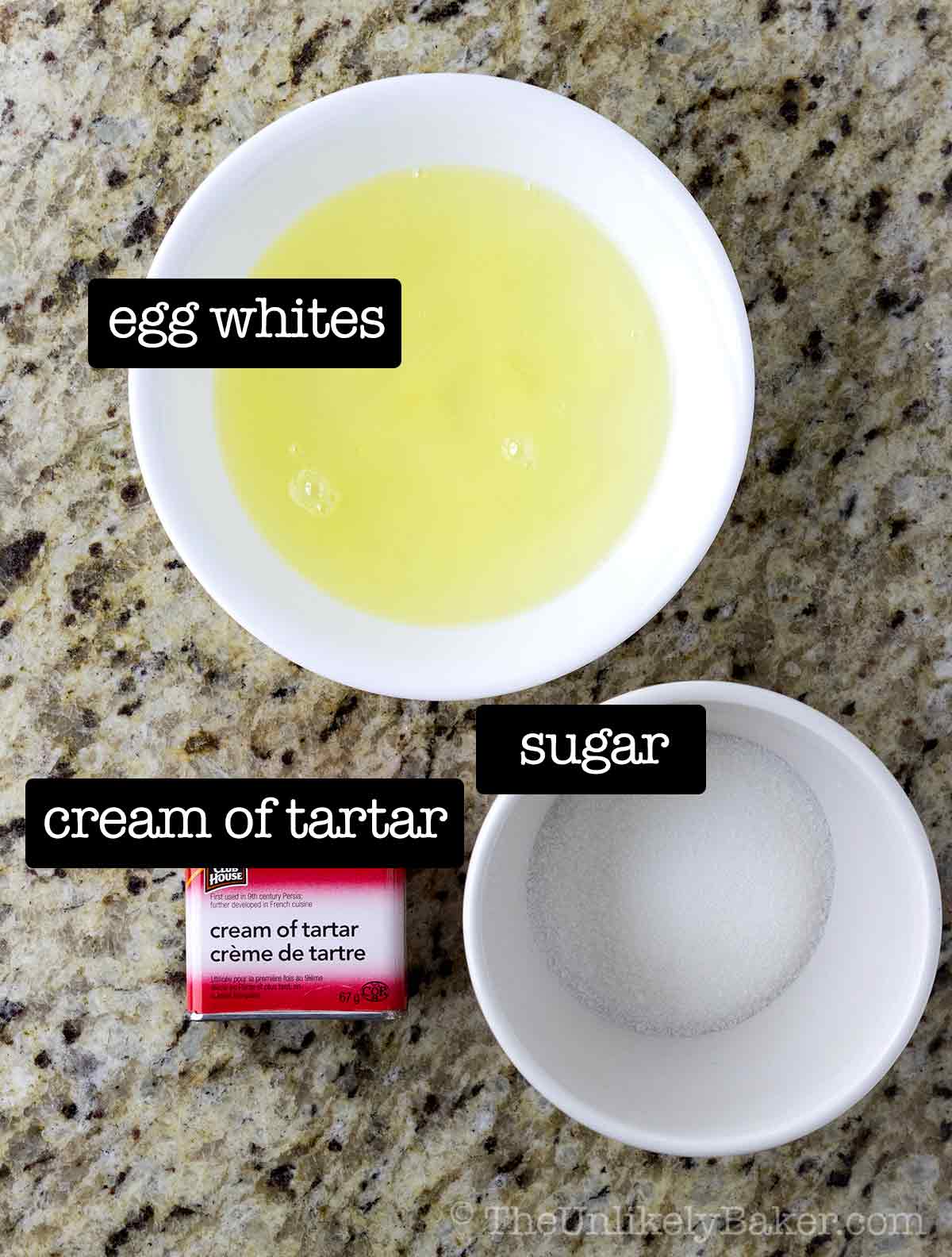 Ingredients for meringue with text overlay.