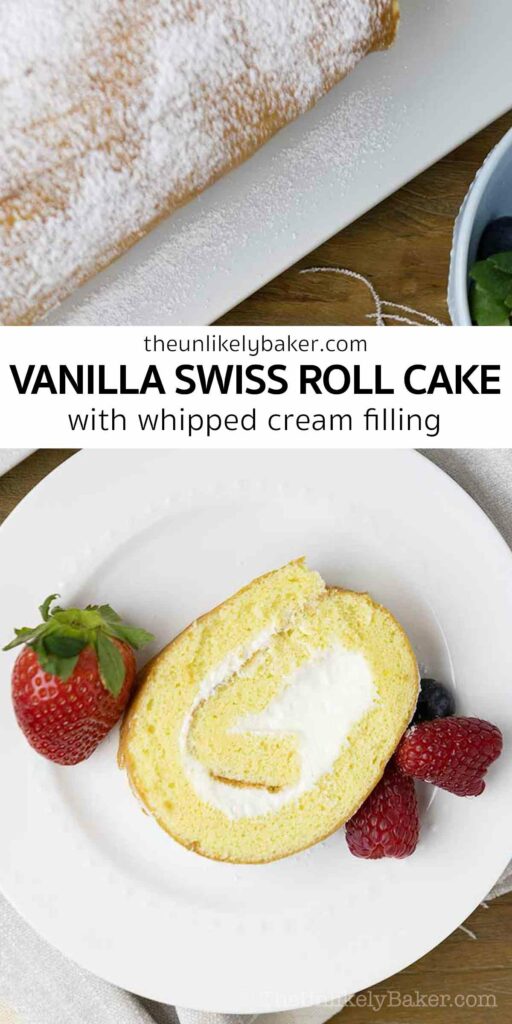 Pin for Vanilla Swiss Roll Cake Recipe.