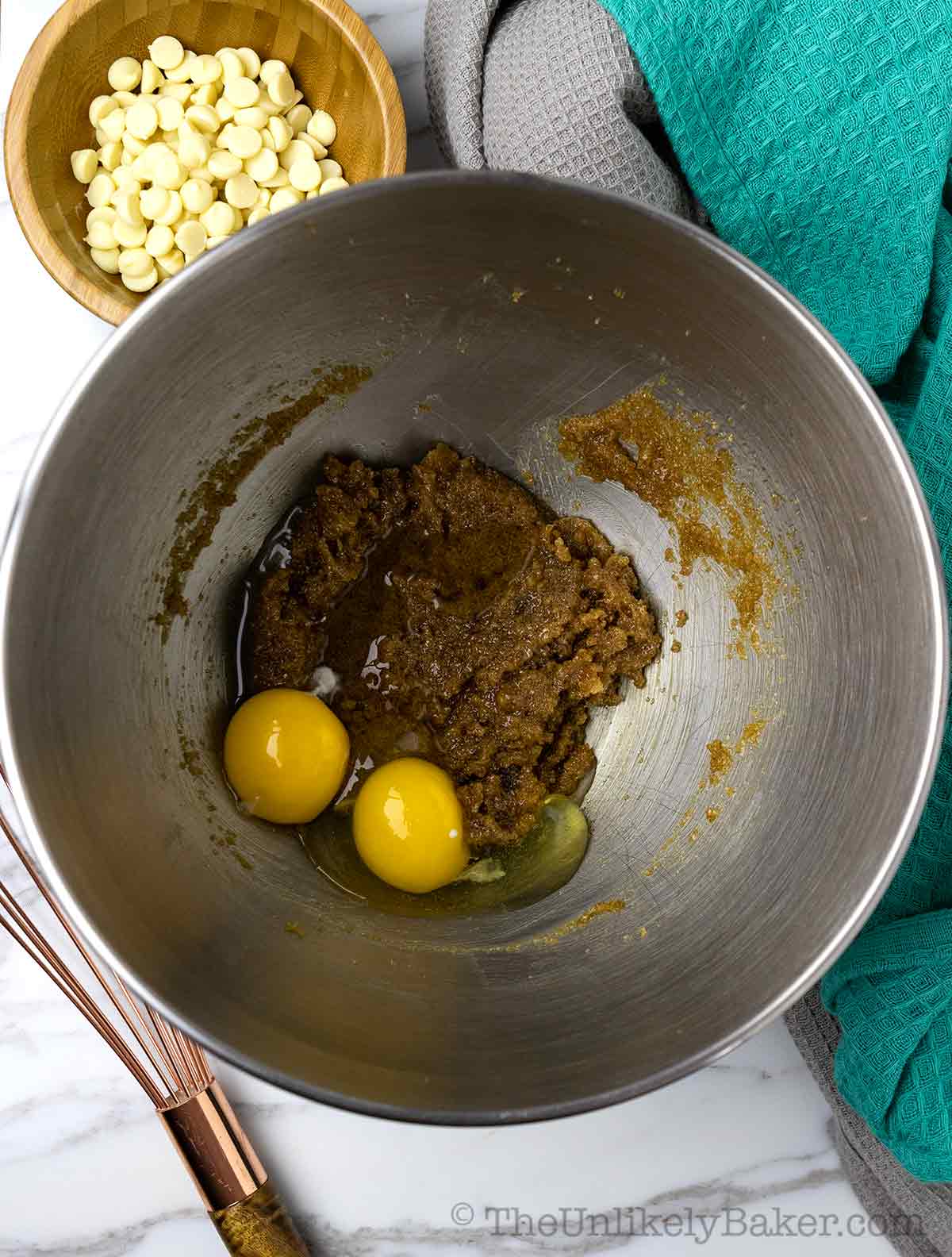 Eggs added to brown sugar mixture.