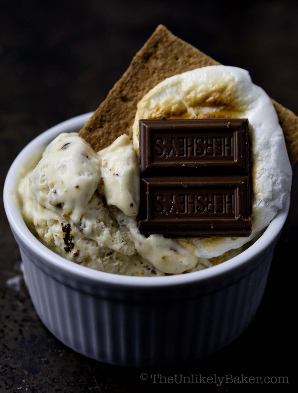 Roasted marshmallow ice cream topped with s'mores.