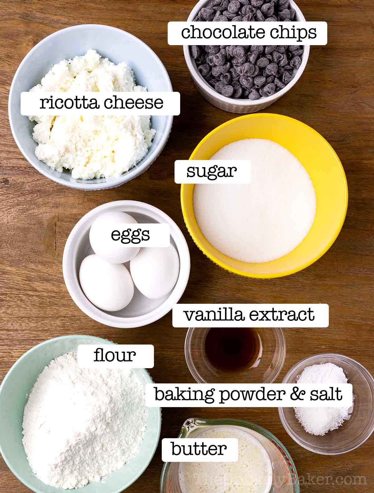 Ingredients needed to make chocolate ricotta cake.