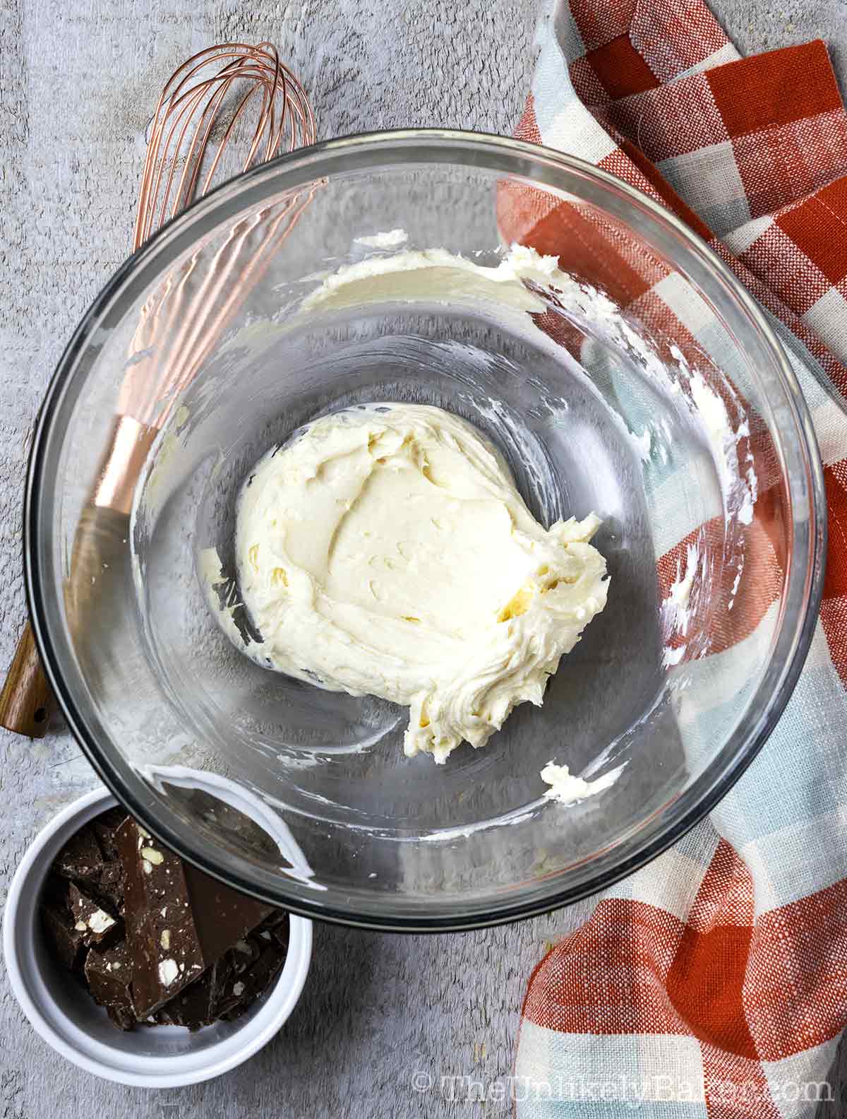 Creamed cream cheese in a bowl.