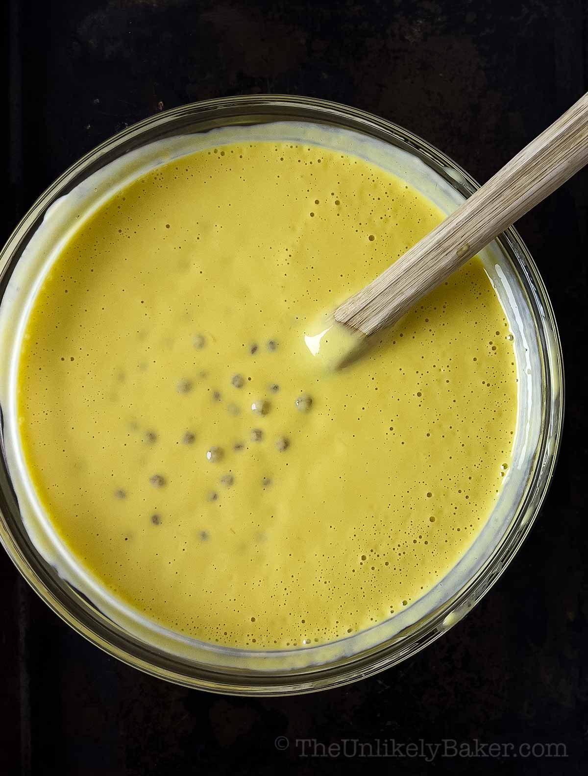 Mango puree with sago in a bowl.