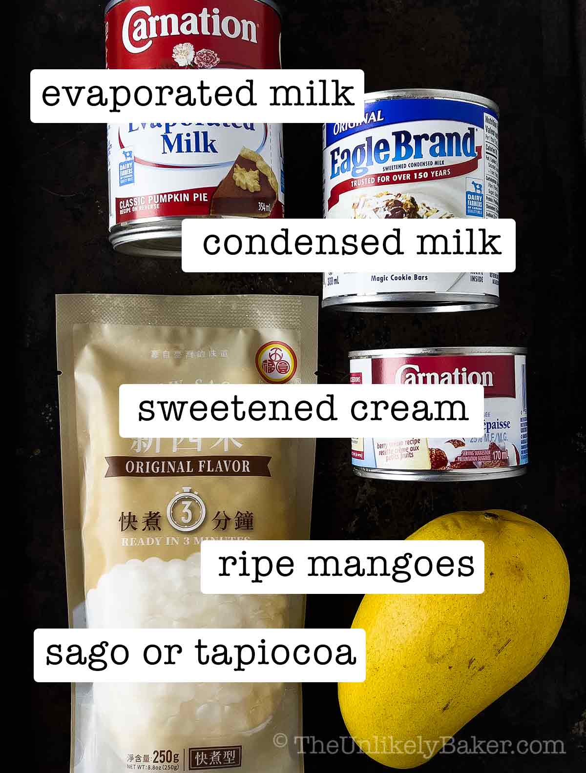 Ingredients to make mango sago with text overlay.