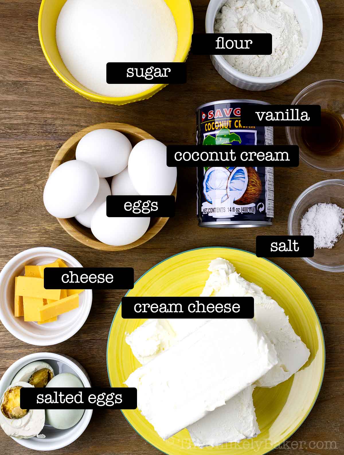 Ingredients for bibingka cheesecake recipe with text overlay.