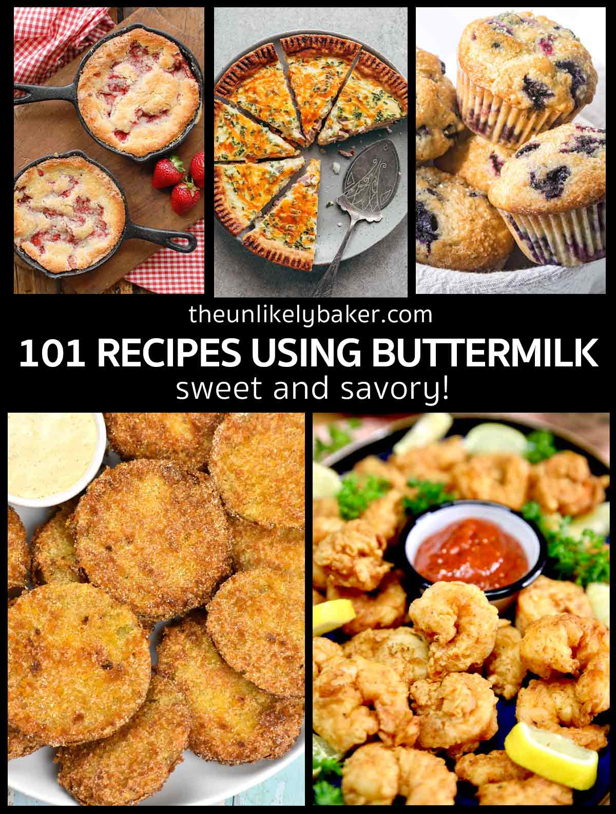 Collage of dishes made with buttermilk with text overlay.