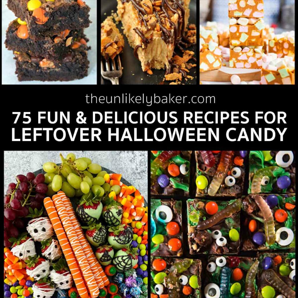 Collage of sweet treats using leftover Halloween candy.