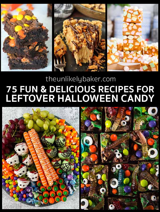 Collage of sweet treats made with leftover Halloween candy.