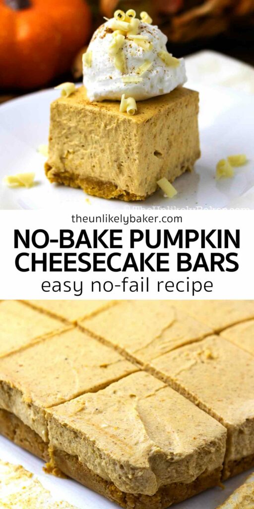 Pin for Easy No Bake Pumpkin Cheesecake Bars Recipe.