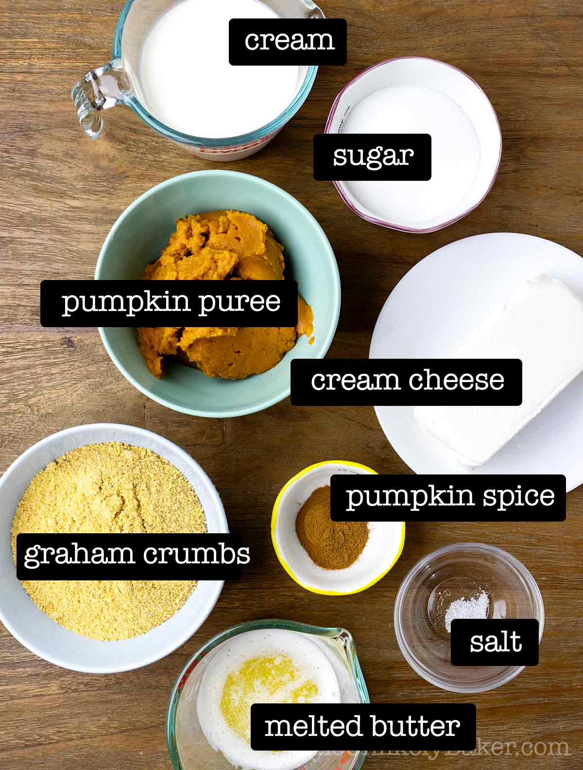 Ingredients for no bake pumpkin cheesecake bars with text overlay.