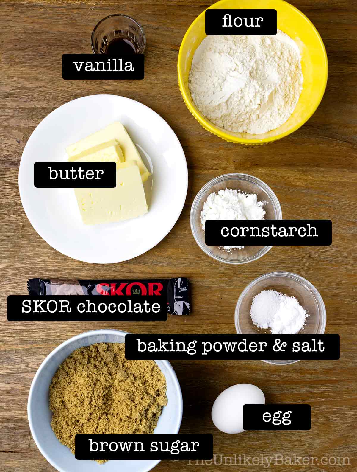 Ingredients for SKOR toffee cookies with text overlay.