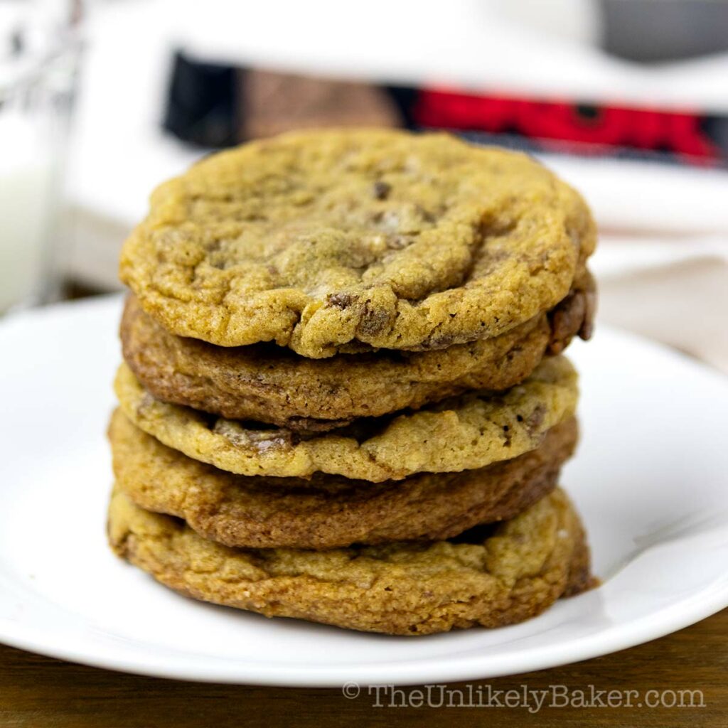 A stack of SKOR cookies on a plate.