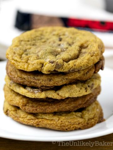A stack of SKOR cookies on a plate.