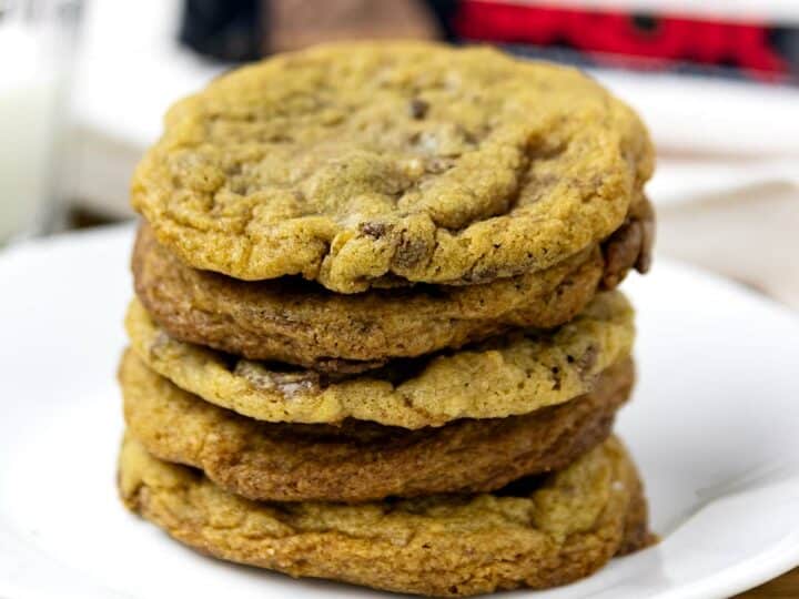 A stack of SKOR cookies on a plate.