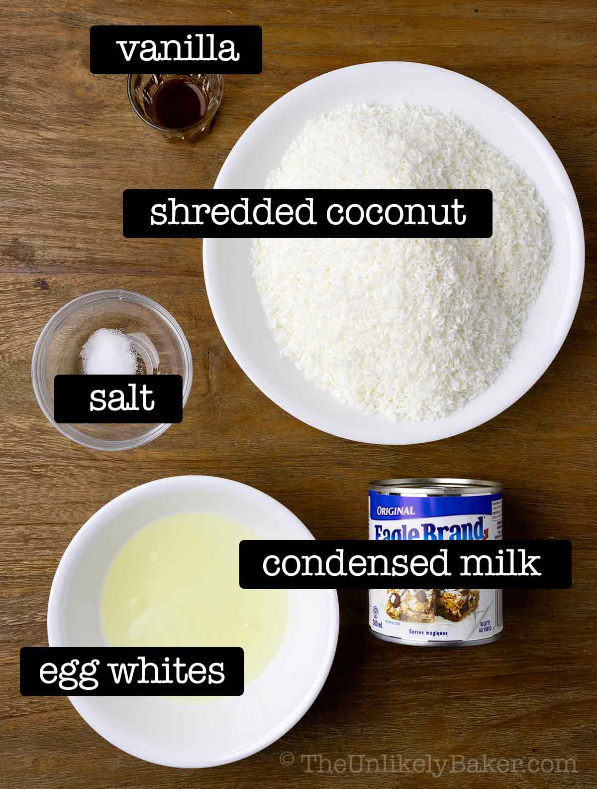 Ingredients for Filipino macaroons with text overlay.