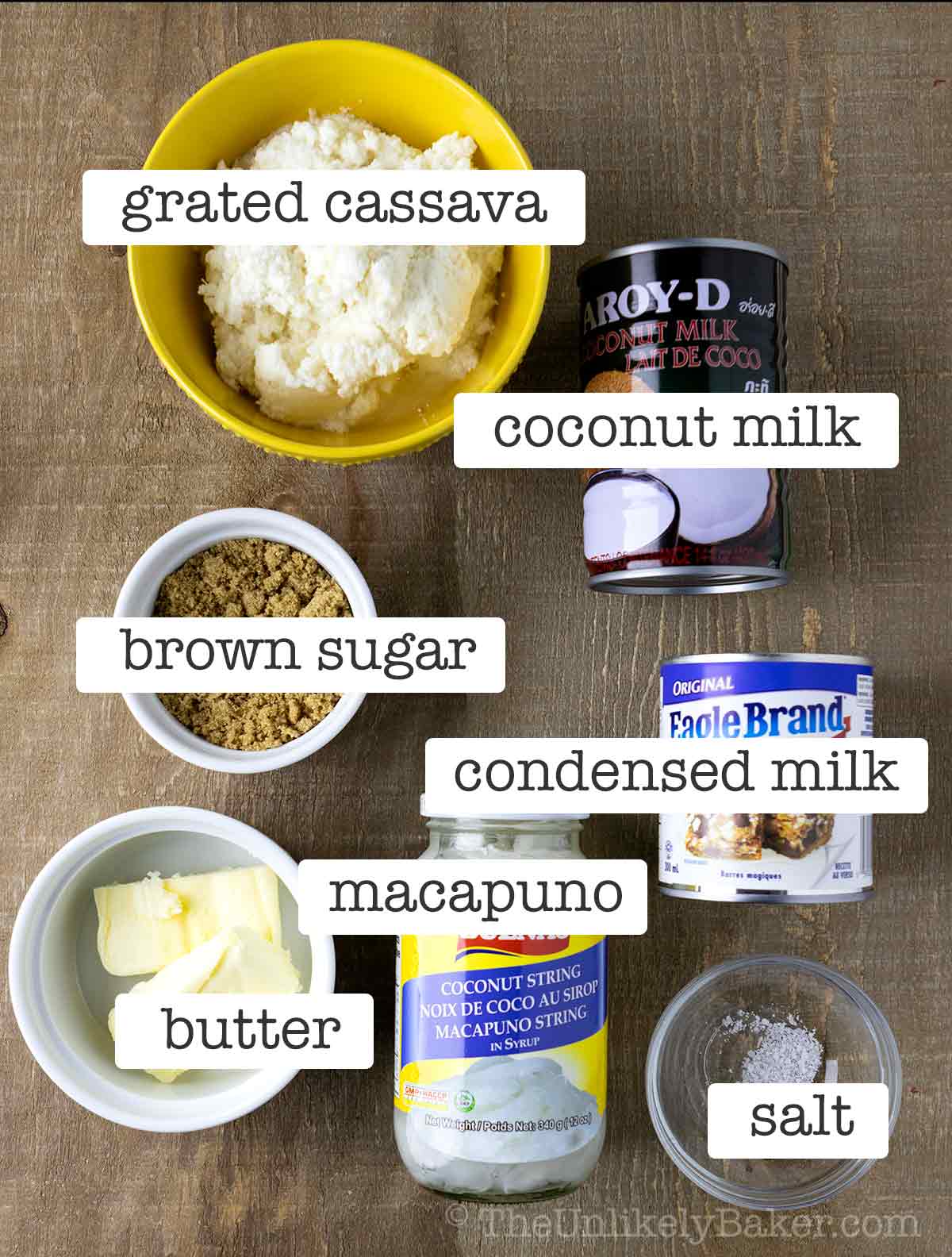 Ingredients to make Filipino cassava cake.