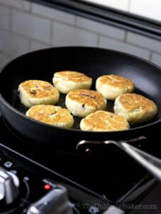 Hopiang ube cooking on a frying pan.