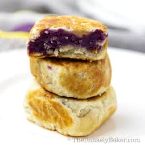 A stack of ube hopia on a plate.