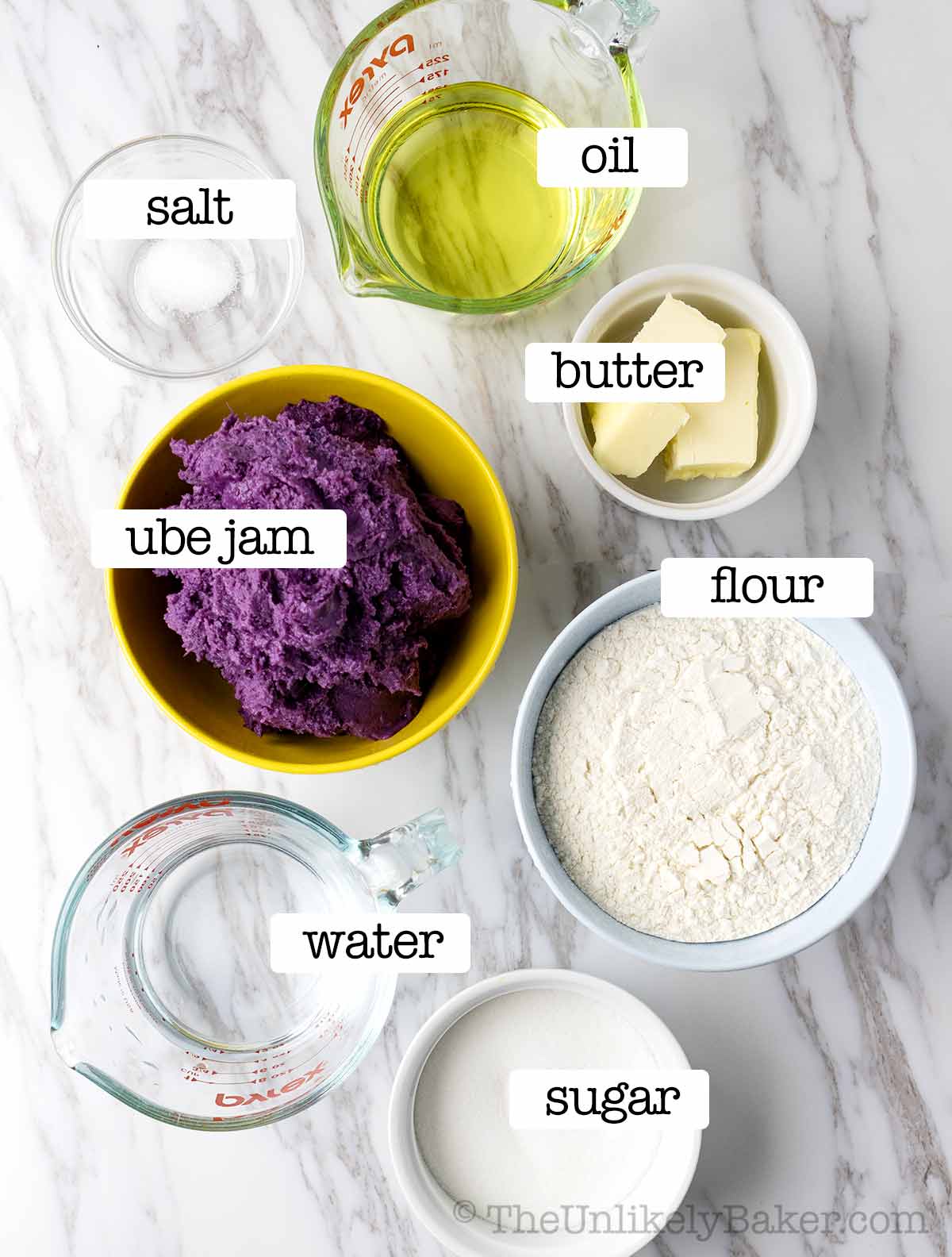Ingredients for ube hopia with text overlay.