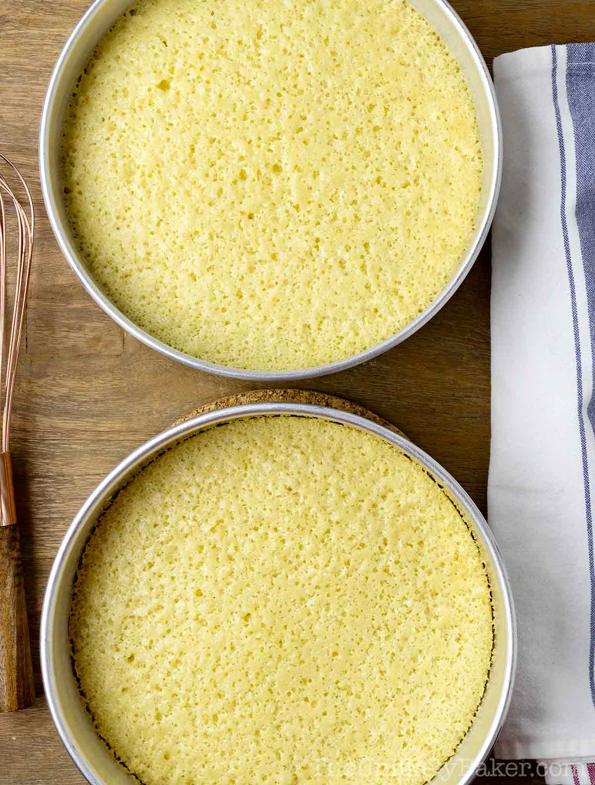 Freshly baked vanilla cake layers in cake pans.