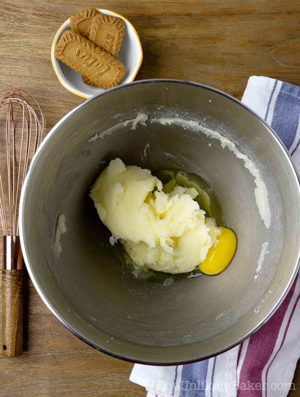 Eggs added to creamed butter.