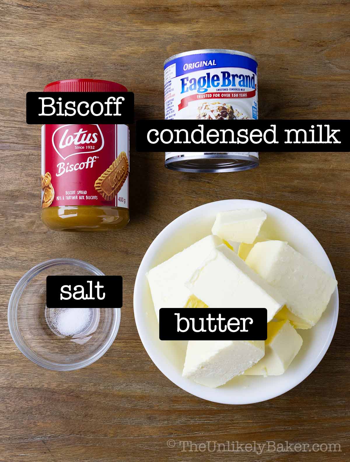 Ingredients for Biscoff frosting with text overlay.