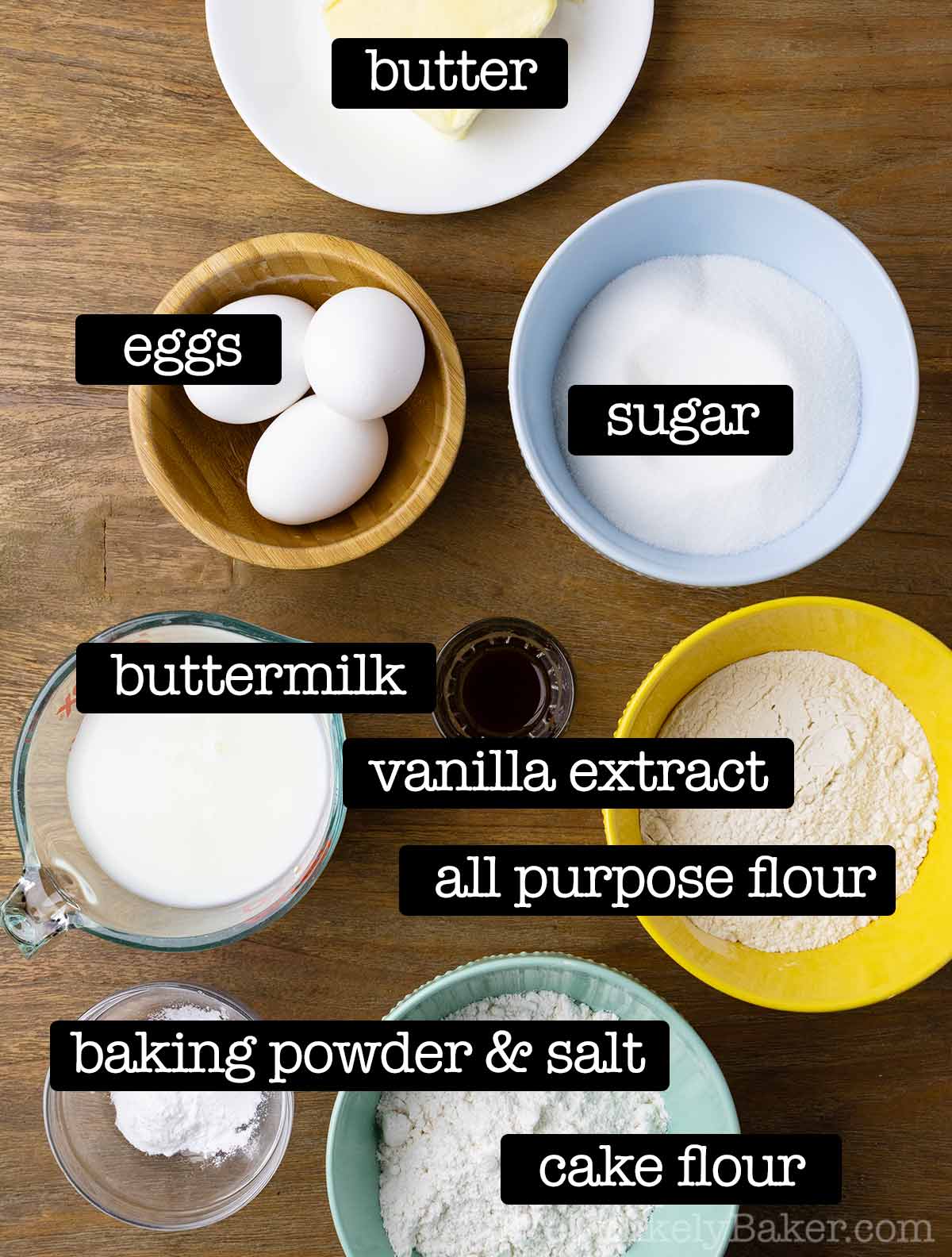 Ingredients for vanilla layer cake with text overlay.