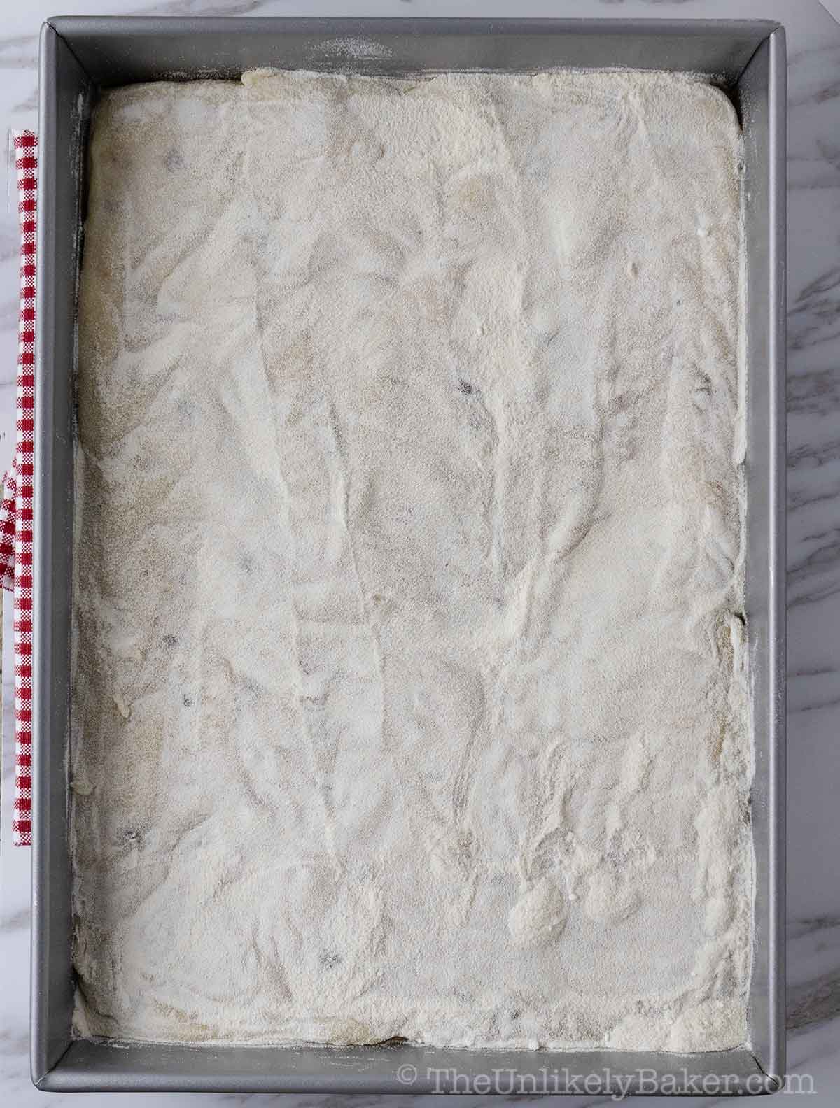Toasted rice flour on top of espasol.