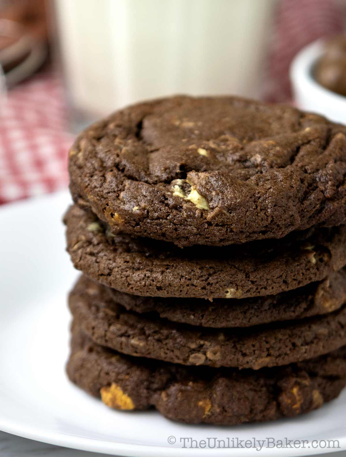 Malted chocolate Ovaltine cookies on a plate.