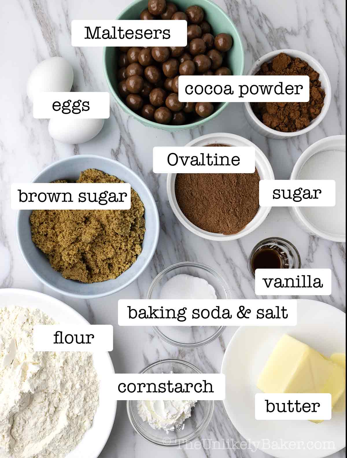 Ingredients to make Ovaltine malt chocolate cookies with text overlay.