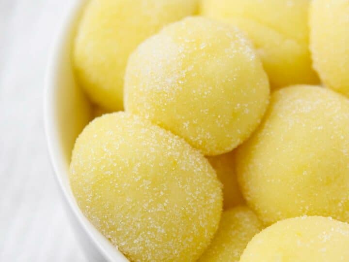 Close up shot of yema balls in a bowl.