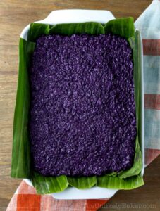 Ube rice mixture in a dish.