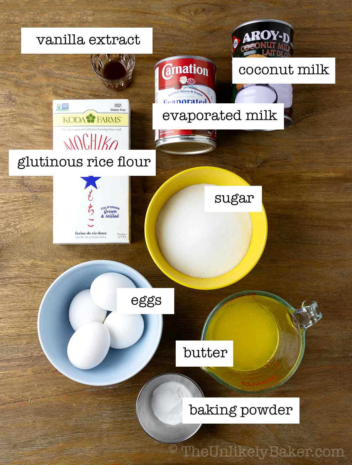 Mochi muffin ingredients with text overlay.