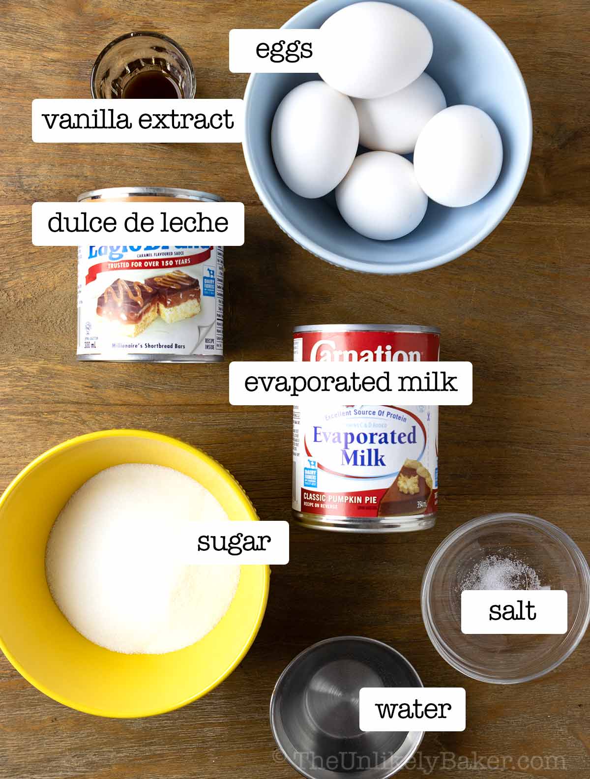 Dulce de leche flan ingredients with text overlay.