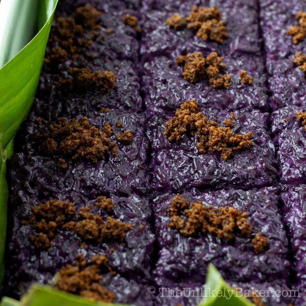 Close up shot of ube biko that shows chewy texture.